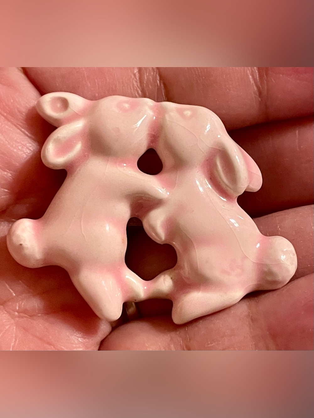 Pink Ceramic Kissing Bunnies Brooch - Unbranded